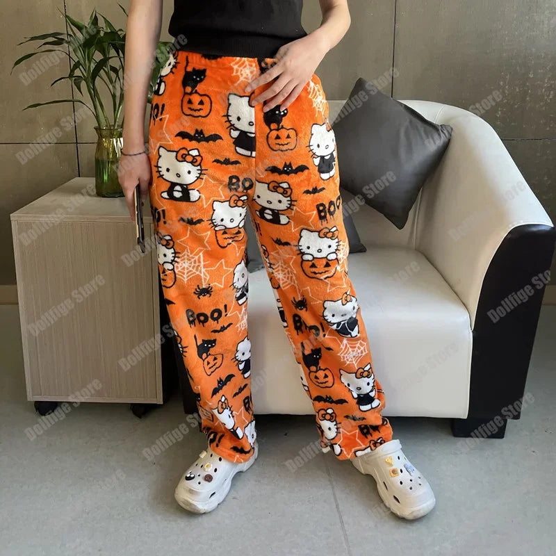 Sanrio Christmas Hello Kitty Pajamas Halloween Flannel Fashion Trouserswomen Kawaii Woolen Anime Cartoon Casual Home Pant Autumn