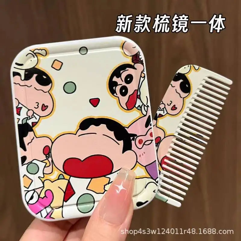 Anime Crayon Shin Chan Handheld Mirror Foldable Mirror Comb Makeup Portable Holiday Girls Cosmetic Mirror Girl Birthday Gifts