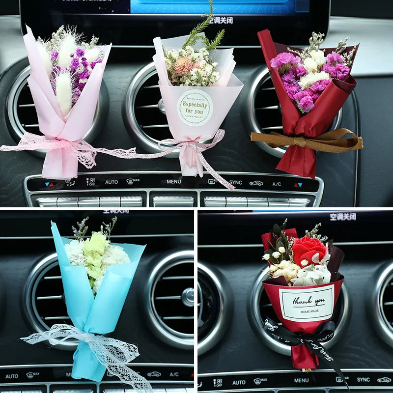 Mini Rose Bouquet Car Air Vent Clip Creative Flowers Mini Bouquet Car Perfume Air Freshener Ornament Car Accessories Interior