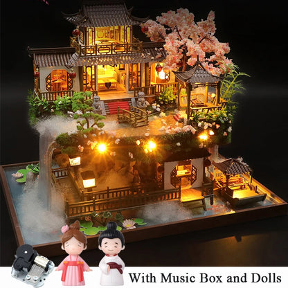 DIY Wooden Miniature Building Kit Doll Houses with Furniture Chinese Ancient Casa Dollhouse Handmade Toys for Girls Xmas Gifts