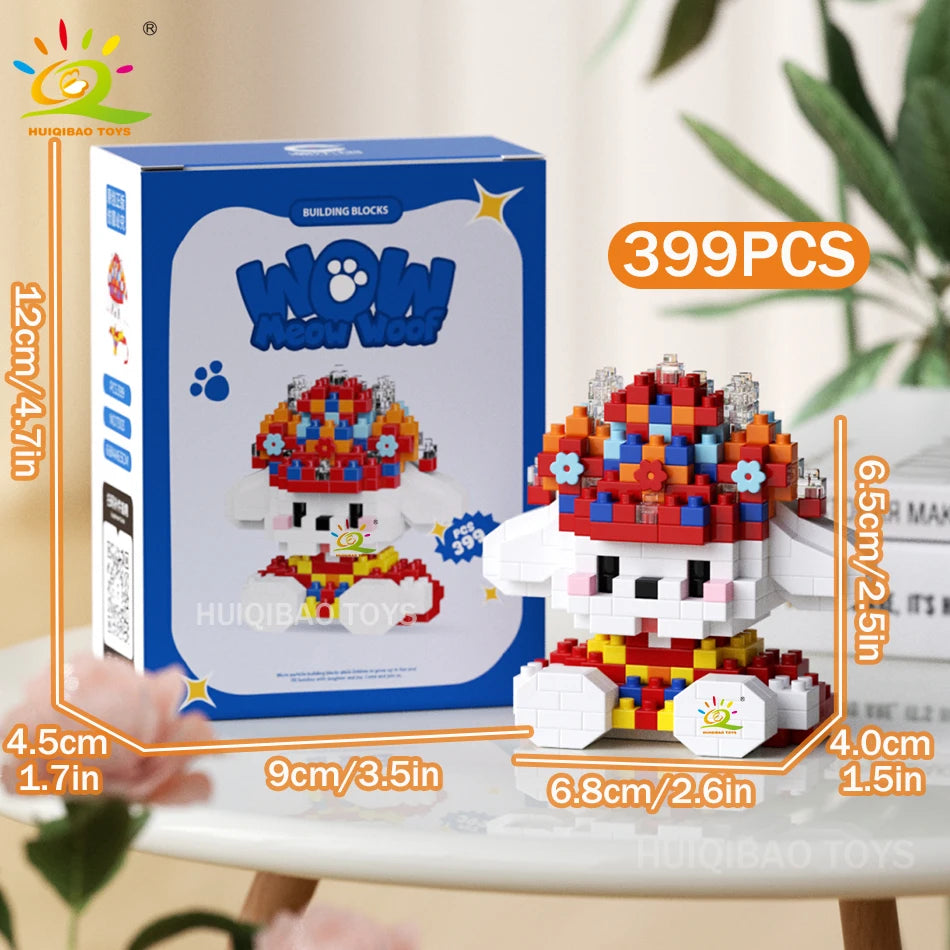 HUIQIBAO MINI Working Cat Pet Dog Micro Model Building Block Set Kids City Cartoon Animal Diamond Bricks Educational Toys Adult