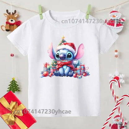 Merry Christmas Lilo Stitch Kids Tshirts Baby Holiday T-Shirt Tees Girls Party T Shirt with Clothes Kids Fashion Tops Tshirt