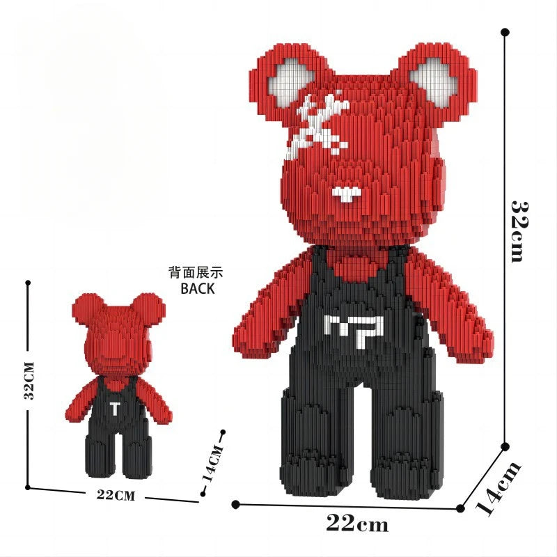 32Cm Black and Red Strap Bear Tiny Particles Building Block Assembly Educational Toys Boys Girls Brain Birthday Gift Ornament