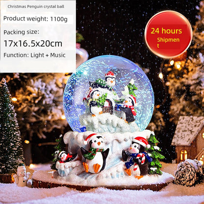 Christmas Gift Penguin Crystal Ball Music Box with Colorful Lighting Decoration Resin Crafts Music Box