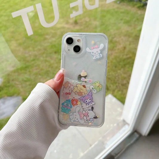 Sanrio Hello Kitty Pochacco Kuromi Melody Bling Glitter Quicksand Phone Case For iPhone 15 14 13 12 11 Pro Max Clear Cover