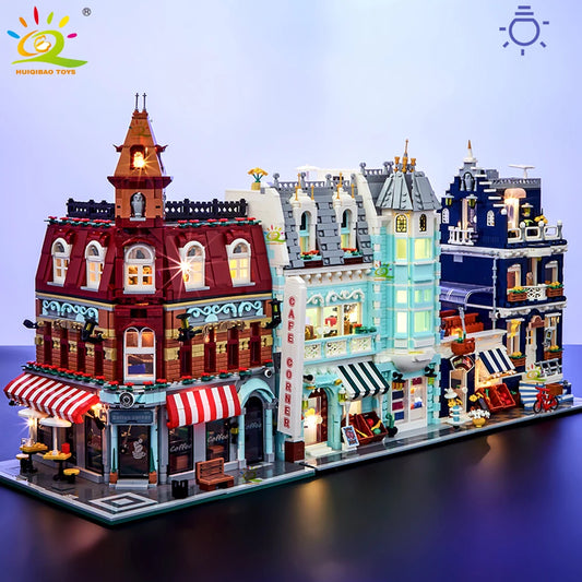 HUIQIBAO Toys MOC City Corner Coffee Shop Architecture Style Street View Micro Building Blocks for Children Construction Bricks