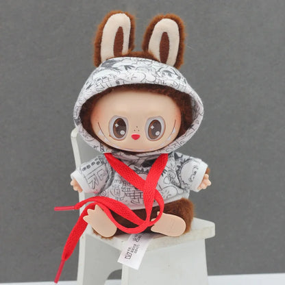 Labubu 17cm Doll Figurine Suitable Clothes Trendy Cute Printed Graffiti Hoodie Cardigan Fisherman Hat Strap Pants Christmas Gift