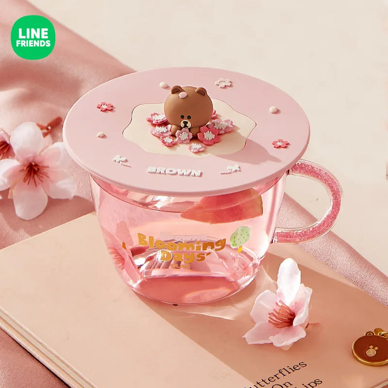 360Ml Anime Brown Bear Transparent Glass Cup with Lid Kawaii Pink Girls Milk Coffee Heat Insulation Water Mug Valentine Day Gift