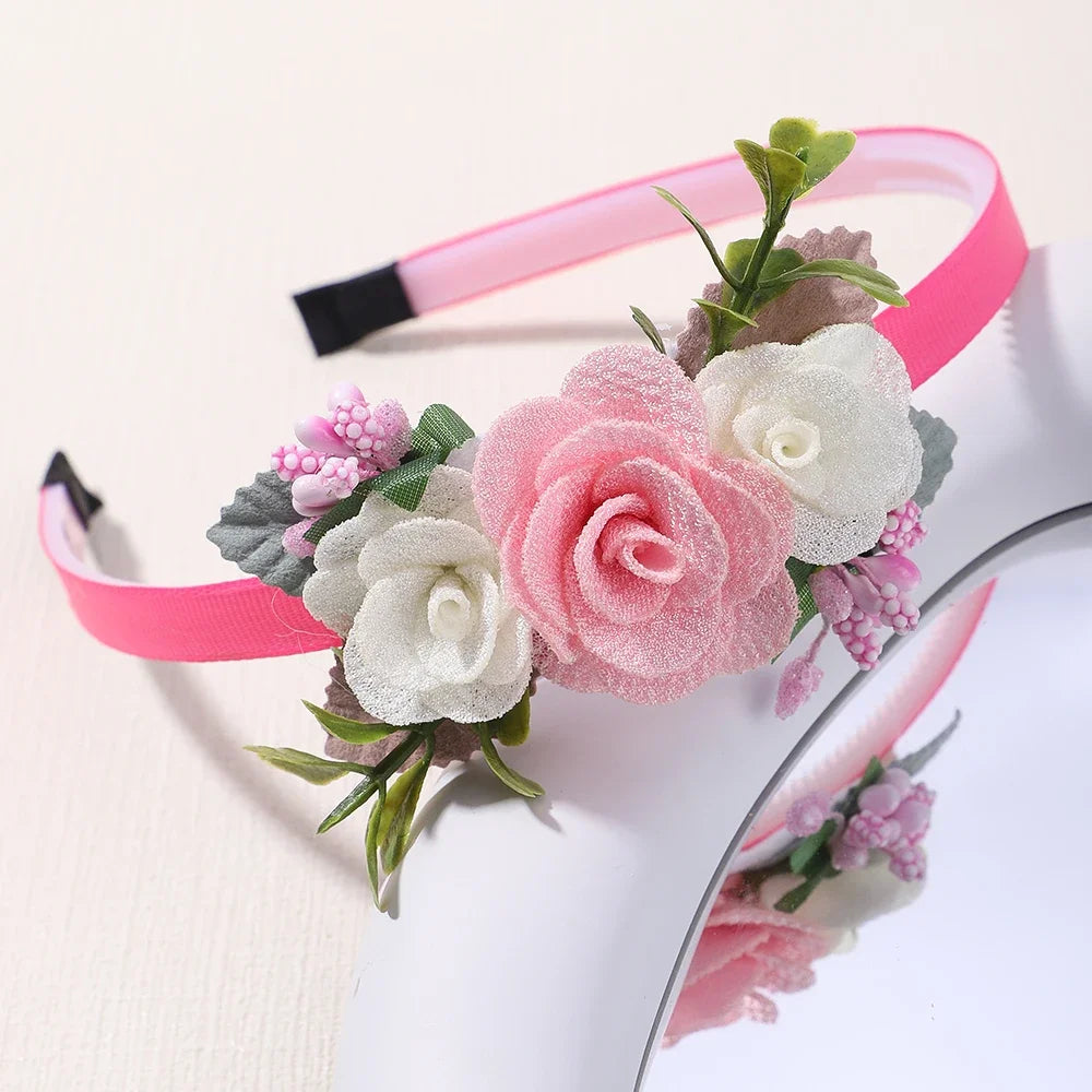 Handmade Head Flower Girls Headbands Baby Hairband Pearl Feather Wedding Princess Kids Dance Party Headwear Newborn Accessories