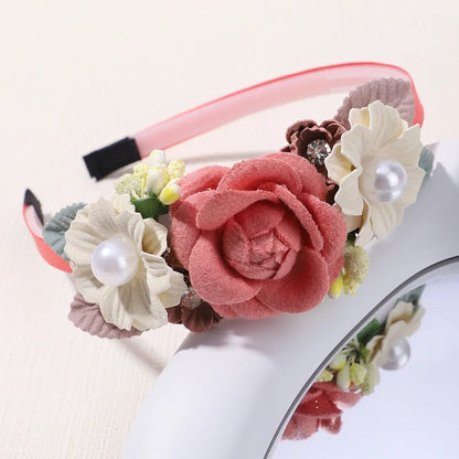 Handmade Head Flower Girls Headbands Baby Hairband Pearl Feather Wedding Princess Kids Dance Party Headwear Newborn Accessories