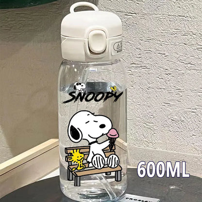 Snoopy Straw Water Cup Portable Plastic 600/400ML Charlie Browns Transparent Outdoor Large Capacity Sport Cute Water Bottle