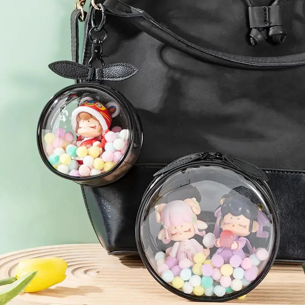 Round Portable Transparent PVC Doll Organizer Box Keychain Chain Bag Mystery Toy Boxes Double Zipper Pouch for popmart (no doll)