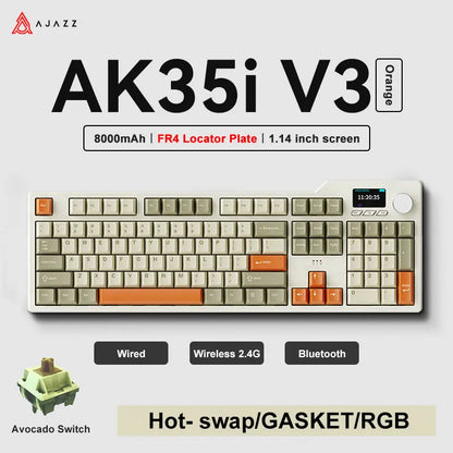 Ajazz AK35I V3 Tri-mode Wired Bluetooth Wireless Gaming Keyboard Gasket Structure Full Key Hot Swap 104 Keys Customized Keyboard