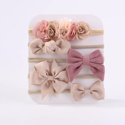 Sweet Elastic Headbands for Baby Girl New Bowknot Knit Nylon Headbands 5Pcs/set Pretty Flower Hairbands Decoration Headwear