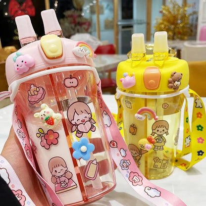 430ml Cute Children Double Drinking Water Bottle Straw Portable Student Couple Plastic Cup Gift School Kids