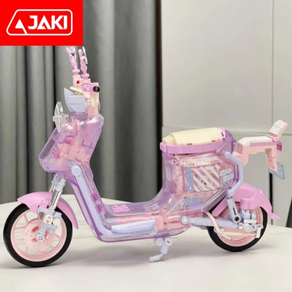 Genuine JAKI Building Blocks Motorcycle Models With Lights Electric Bicycle Toys Trendy Ornaments Girls New Year Gifts