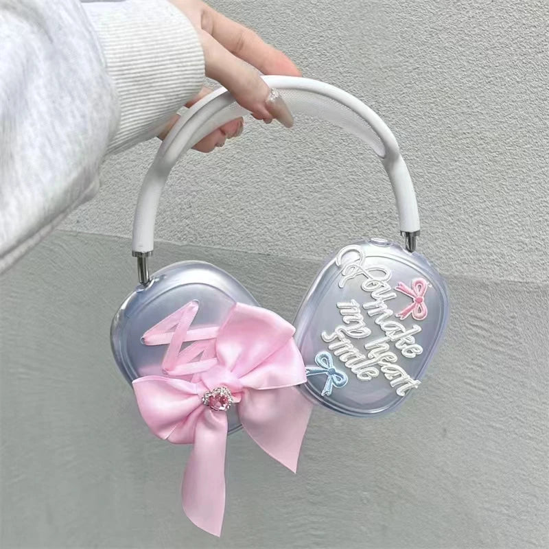 Cute Girl Pink Silk Bow Soft Headphone Earphone Case Cover Protector For Apple Airpods Max