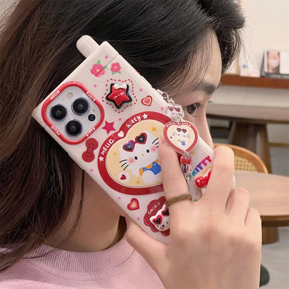 Cartoon Happy Hello Kitty Kuromi with Mirror Telephone Phone Case For iPhone 16 15 14 13 12 11 Pro Max Anti-fall Cover Funda