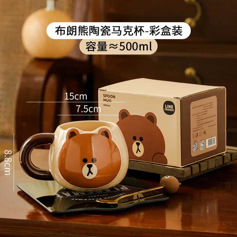 LINEFRIEND Brown Bear Big Belly Cup Ceramic Mug Cute Cartoon Breakfast Milk Coffee Cup Cup Spoon Set