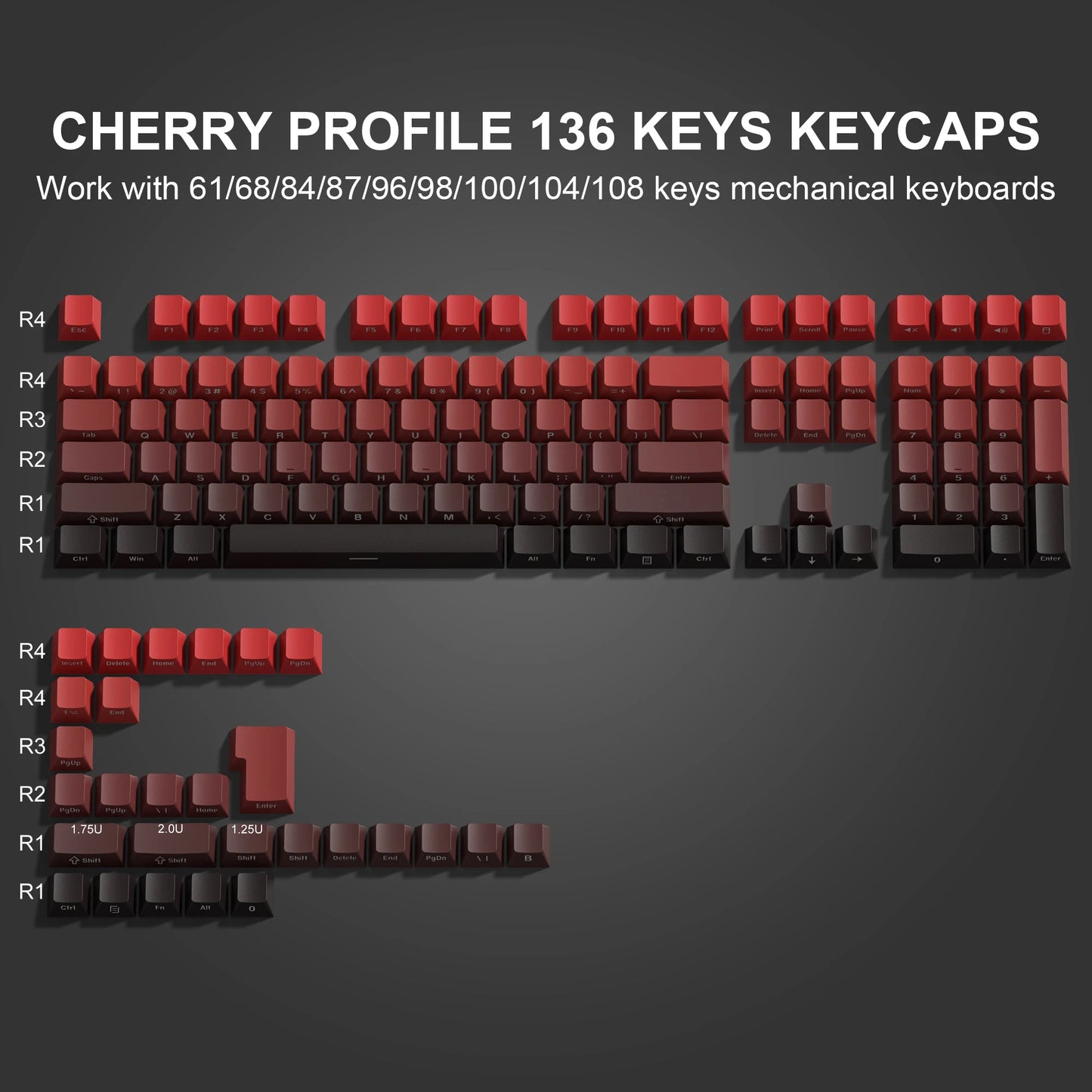 136 Key Side Print Gradient Red Cherry Profile PBT keycaps Double Shot Shine Through Backlit Key Caps For MX Mechanical Keyboard