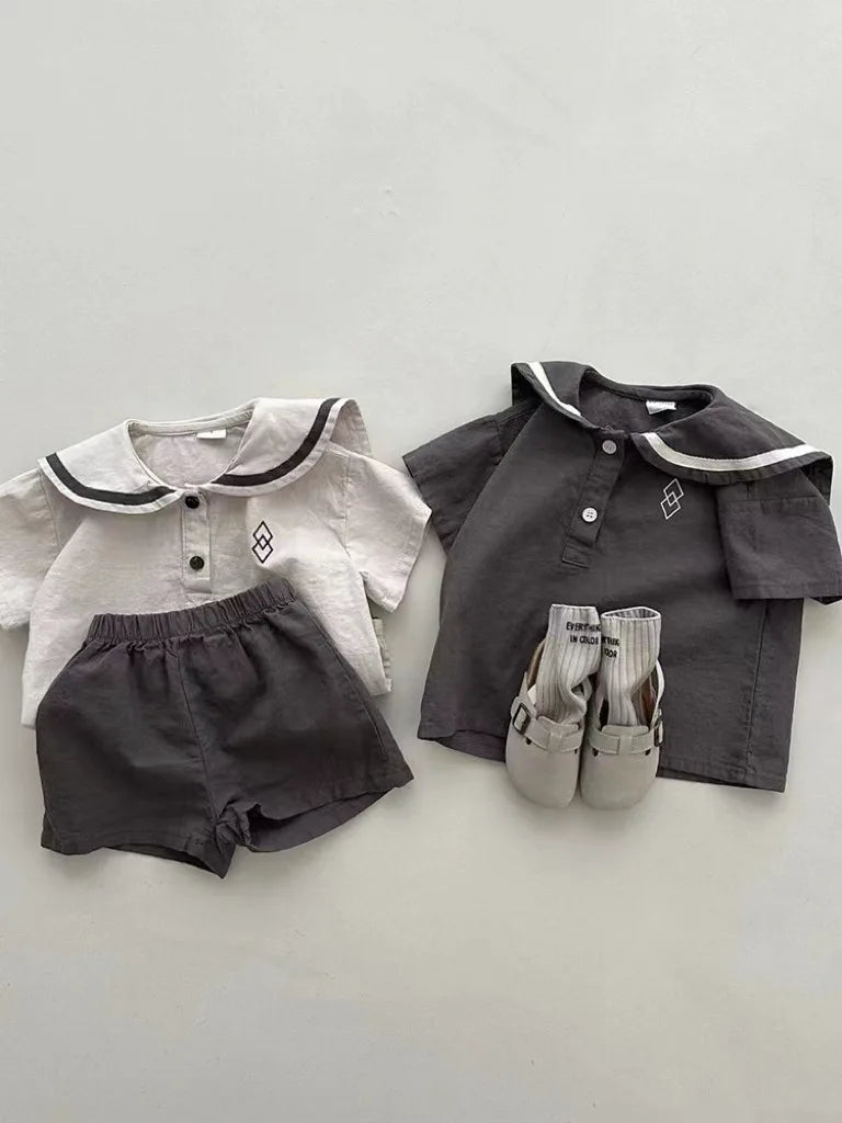 2025 Summer New Baby Short Sleeve Clothes Set Infant Boy Girl Casual Shorts Suit Toddler Navy Collar Geometry Patterns Outfits