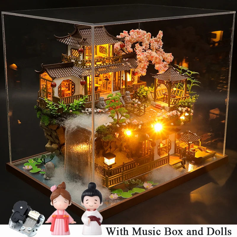 DIY Wooden Miniature Building Kit Doll Houses with Furniture Chinese Ancient Casa Dollhouse Handmade Toys for Girls Xmas Gifts