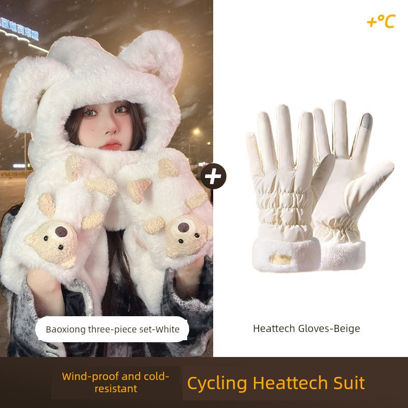 Cute Bear Hat Heattech Scarf Integrated Hooded Women's Autumn and Winter Heattech Gloves Thick Fleece Three-Piece Set