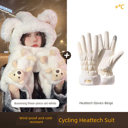 Cute Bear Hat Heattech Scarf Integrated Hooded Women's Autumn and Winter Heattech Gloves Thick Fleece Three-Piece Set