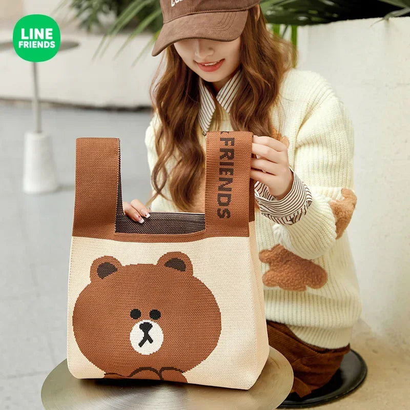 LINE FRIENDS Cony Brown Anime Kawaii Large Capacity Bag Women Work Coin Storage Wrist Bag Cartoon Shoulder Knitted Handbag Gift