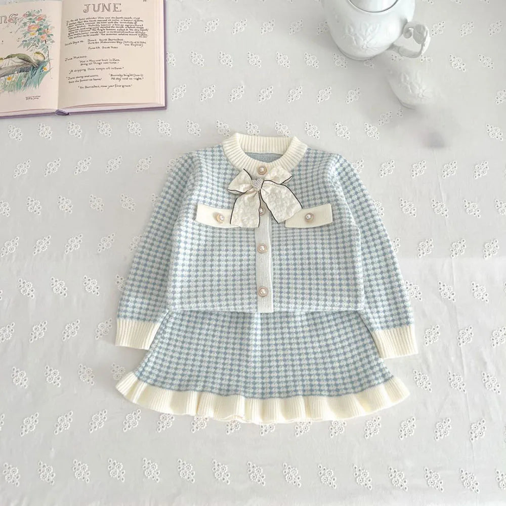 MILANCEL Spring Autumn Children's Clothing Set 1-5Y Girls Plaid Knitted Sweater and Skirt 2Pcs Trendy Girls Bow Cardigan Outfit