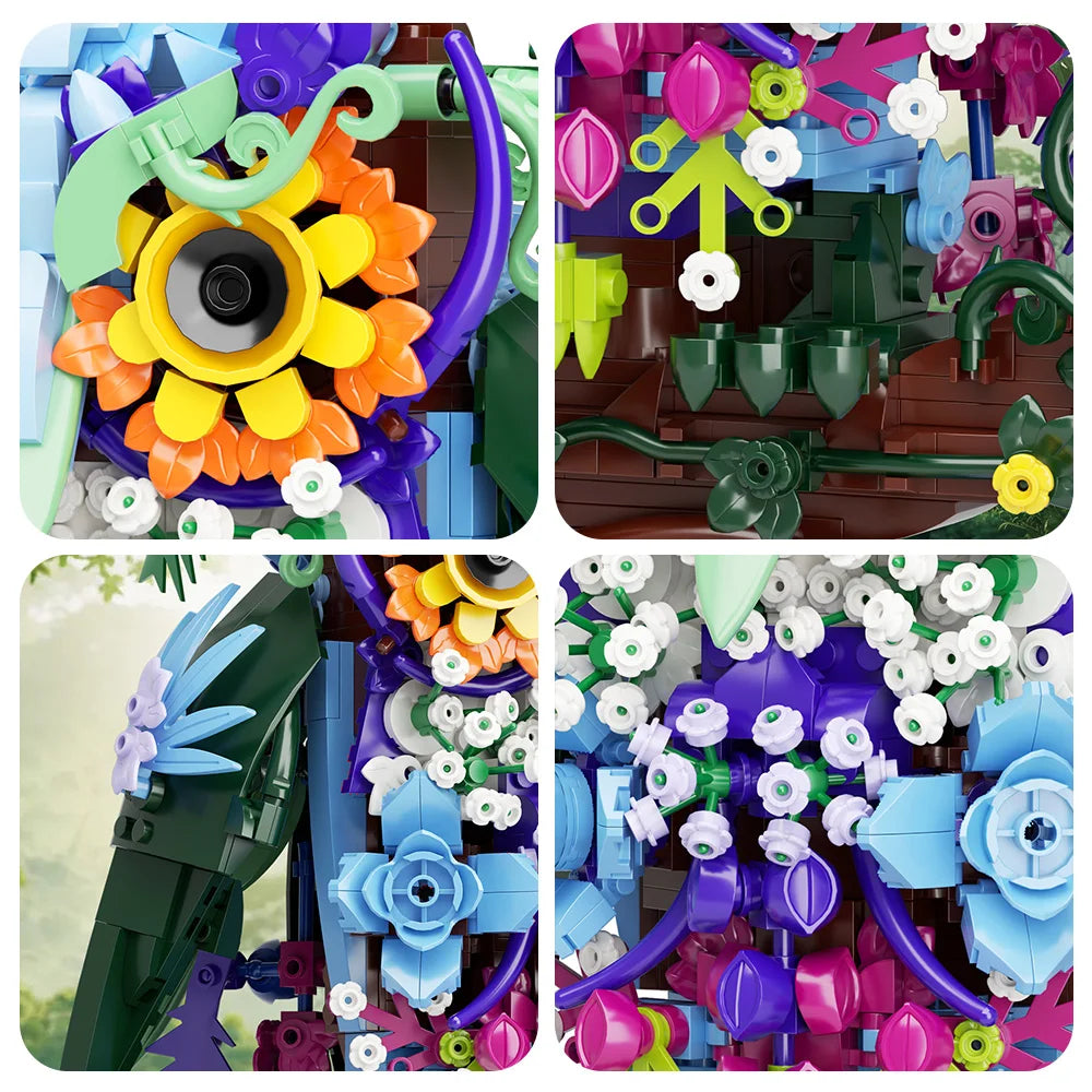 1241PCS Owl Animal Flowers Building Toy Set MOC Floral Collectible Model for Home Decor Office Art Halloween Christmas Gifts