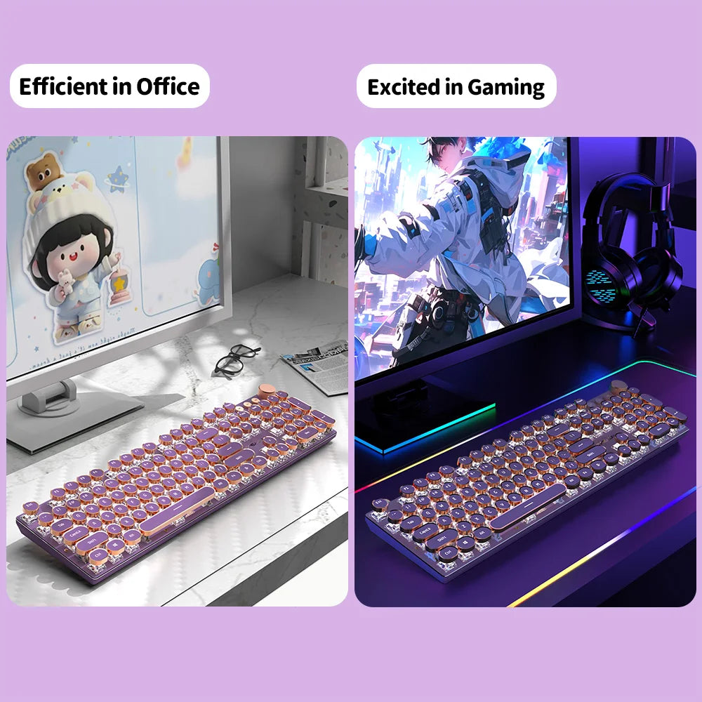 EWEADN V20 Punk Typewriter Mechanical Gaming Keyboard, 104 Keys Round Keycaps LED White Backlit, Key-wire separation design