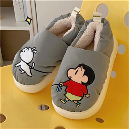 Crayon Shin-Chan Nohara Shiro Cartoon Winter Velvet Thickened Cotton Slippers for Girls Thick-Soled Root-Wrapped Home Shoes