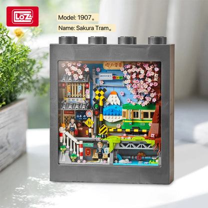 LOZ Mini 1907 Cherry Blossom Tram Building Blocks Equipped with Dust Box Splicing Home Supplies Educational Toys Gifts Festival