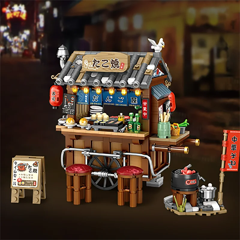 Street View Series Building blocks Izakaya Shaved Ice Shop Takoyaki Shop Coffee shop Panda Tea House model children's gift