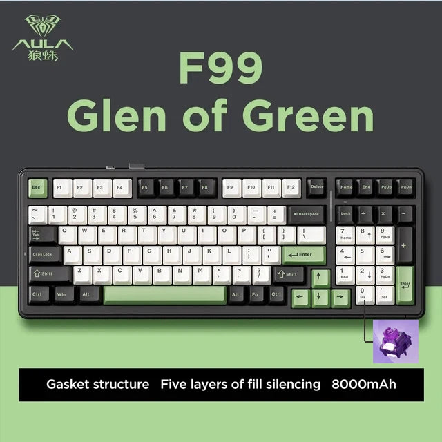 Aula F99 Gaming Mechanical Keyboard Three Mode 2.4g Wireless Bluetooth Wired Hot Swap PBT Gasket RGB For Games Typing 99 Keys