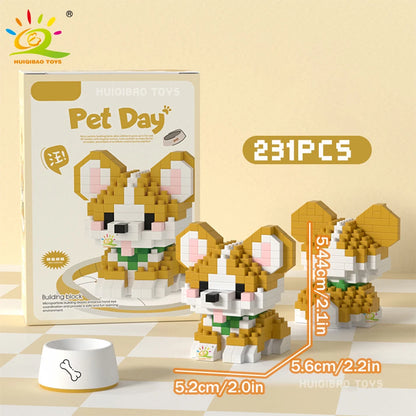 HUIQIBAO MINI Working Cat Pet Dog Micro Model Building Block Set Kids City Cartoon Animal Diamond Bricks Educational Toys Adult