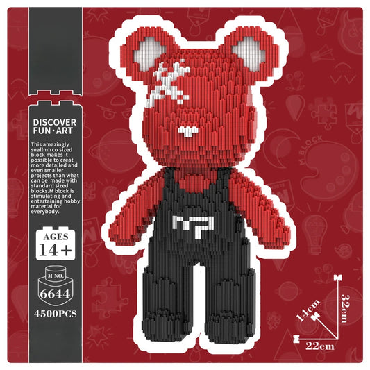 32Cm Black and Red Strap Bear Tiny Particles Building Block Assembly Educational Toys Boys Girls Brain Birthday Gift Ornament