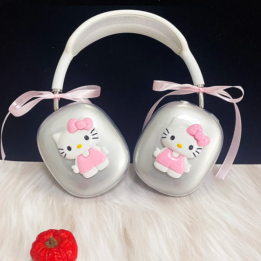 Cartoon Transparent Case For Apple AirpodsMax Protective Cover 3D Cute Hello Kitty With Pink bow Headphone Cover For AirpodsMax