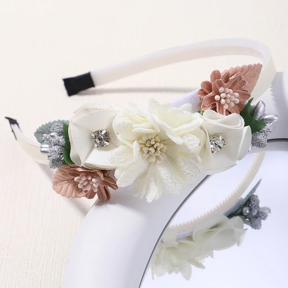 Handmade Head Flower Girls Headbands Baby Hairband Pearl Feather Wedding Princess Kids Dance Party Headwear Newborn Accessories