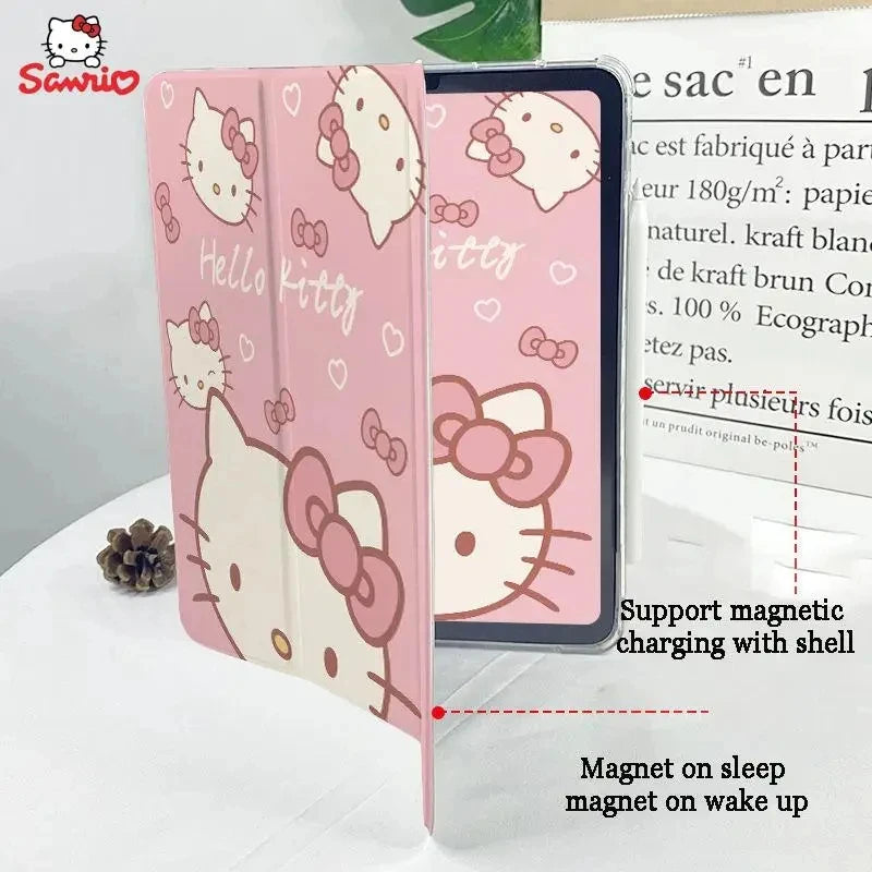 Sanrio Hello Kitty Ipad Protective Cover Tri-Fold Transparent Anime Kawaii KT Print Drop-Proof Waterproof Durable High Value New