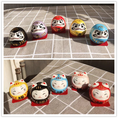 Japanese Ceramic Daruma Crafts Cartoon Lucky Cat Fortune Ornament Landscape Home Decor Accessories Gifts Living Room Decoration