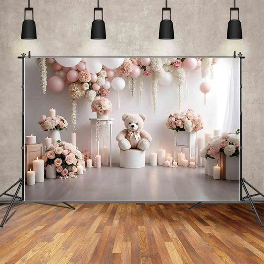 MOON.QG Teddy Bear One Birthday Backdrop Baby Shower Garland Floral Flower Backgrounds Custom Party Decoration Photocall Props