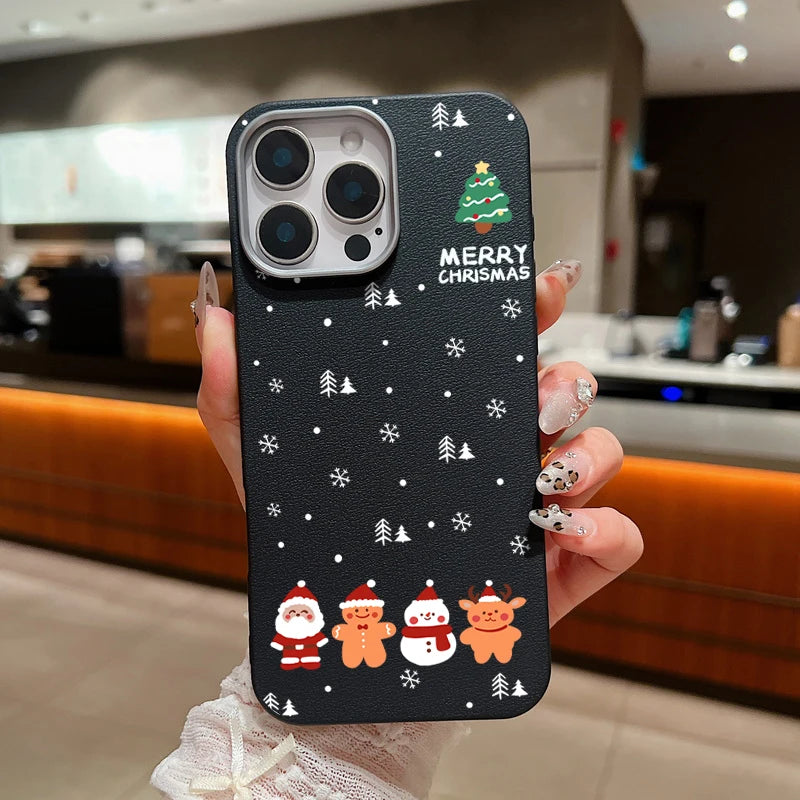 Leather Texture Christmas New Year Case For iPhone 16 15 Pro Max 14 16 Plus 13 12 Pro Max 11 Shockproof Soft TPU Phone Cover