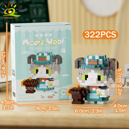 HUIQIBAO MINI Working Cat Pet Dog Micro Model Building Block Set Kids City Cartoon Animal Diamond Bricks Educational Toys Adult