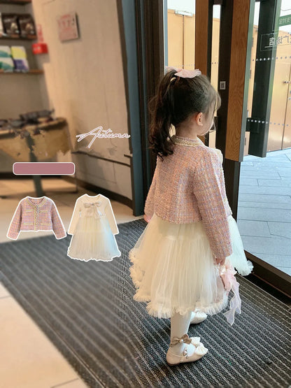 2PCS Sweet Outfits Kids Girls Princess Clothes Sets Spring Autumn Children Fashion Coat +Dress Vintage Outfits Suit