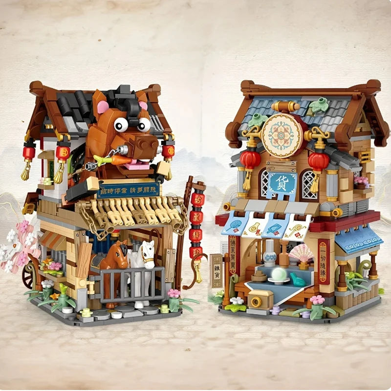 Street View Series Building blocks Izakaya Shaved Ice Shop Takoyaki Shop Coffee shop Panda Tea House model children's gift