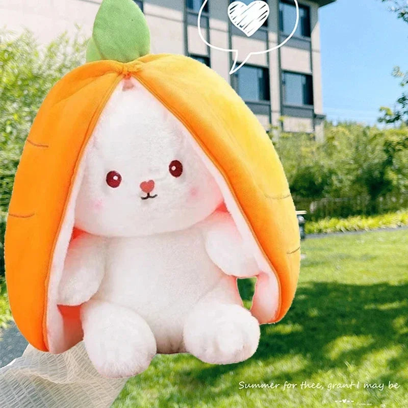 New hot selling 23/28/35cm Cute strawberry rabbit carrot turned into Soft doll plush pillow toys Creative Bag Transform baby toy