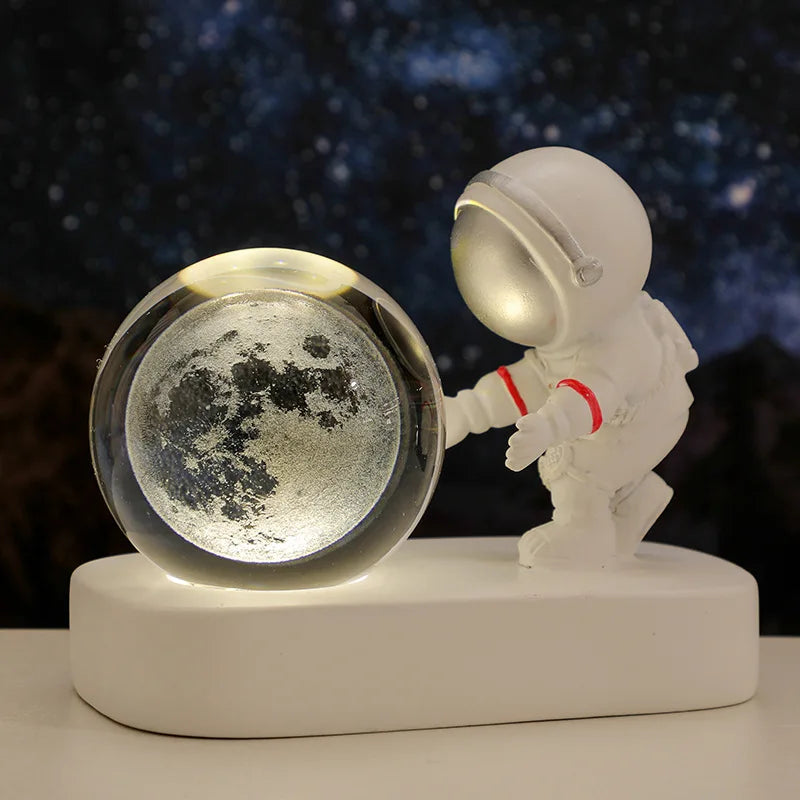 LED Lunar Astronaut Night Light with Crystal Ball Illumination Base, Desktop Decoration, Room Gift, Bedroom Decoration Moon Lamp