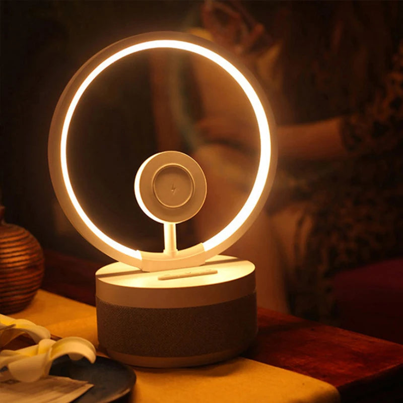 2024 New Multi-Function Wireless Charging Lamp BT Speaker Smart AI Night Light Brightness Adjustment Table Lamp as Gift